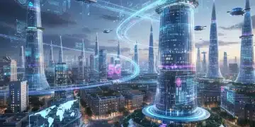 Paisaje urbano futurista de España con superposiciones digitales de datos e IA, representando la innovación tecnológica y la competitividad global.