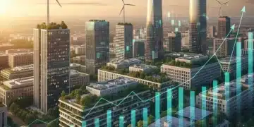 Paisaje urbano moderno y sostenible con gráficos financieros que representan el crecimiento de las inversiones alternativas en España para 2026.