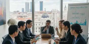 Grupo de inversores analizando datos financieros y gráficos con el skyline de Madrid de fondo, simbolizando la optimización de carteras en España.