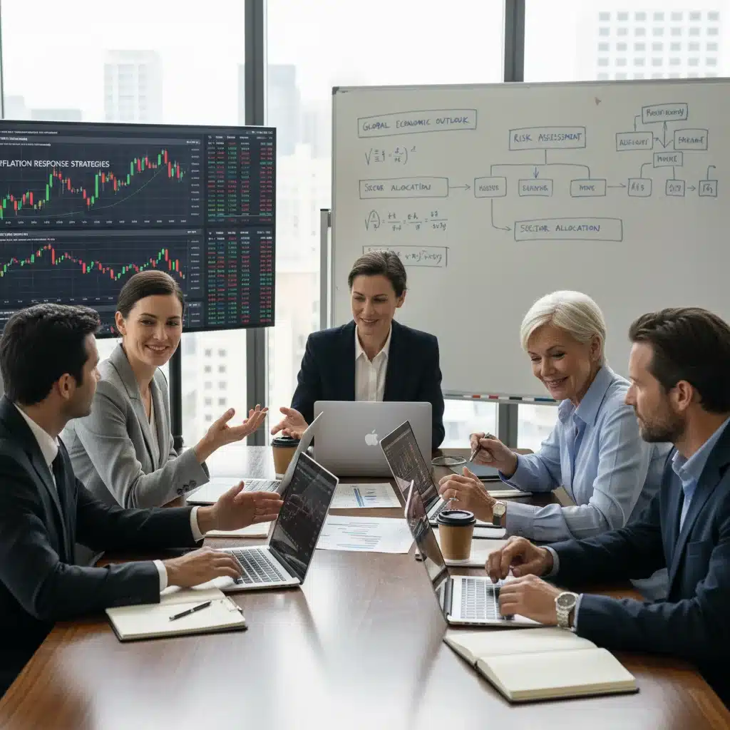 Grupo de inversores analizando gráficos financieros y estrategias de cobertura contra la inflación.