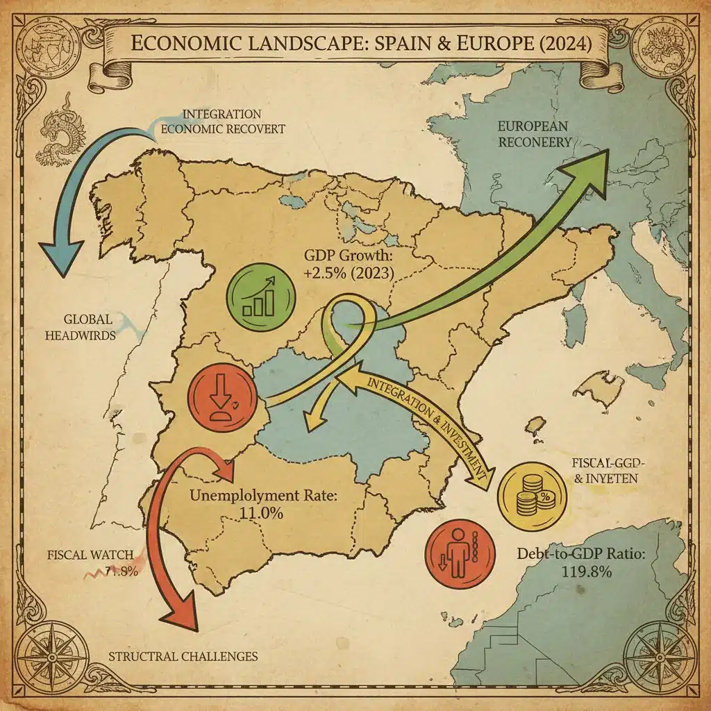 Mapa de España con indicadores económicos clave y proyecciones de su deuda pública.