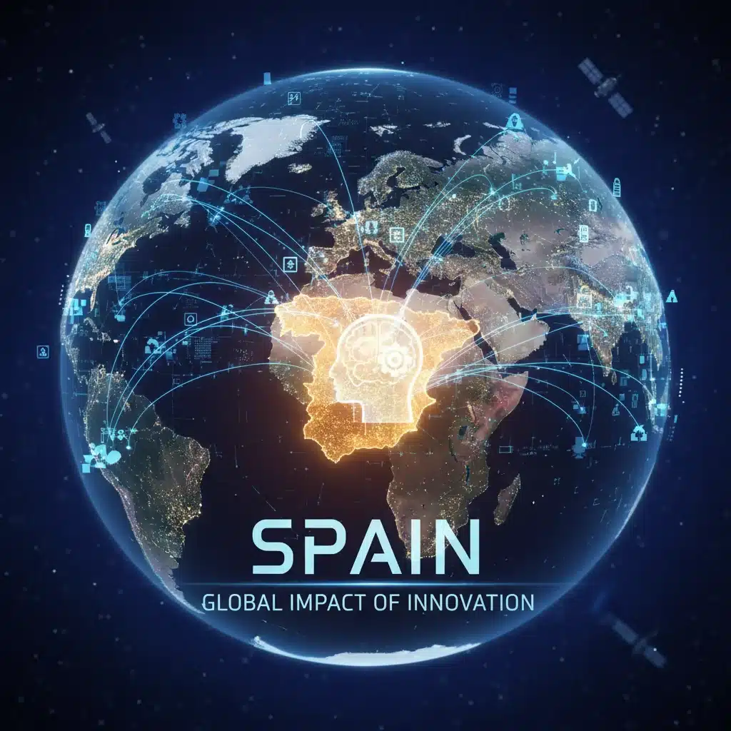 Representación visual de mercados globales interconectados, destacando España, con rutas comerciales digitales y el impacto de la innovación.