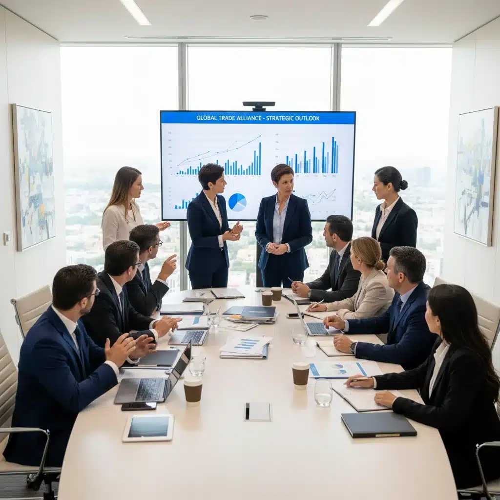 Profesionales de negocios españoles y americanos negociando acuerdos comerciales en una sala de reuniones moderna.