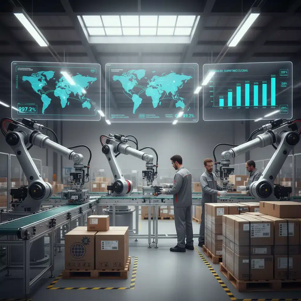Fábrica española moderna con robots y trabajadores produciendo bienes para exportación, reflejando eficiencia y tecnología.
