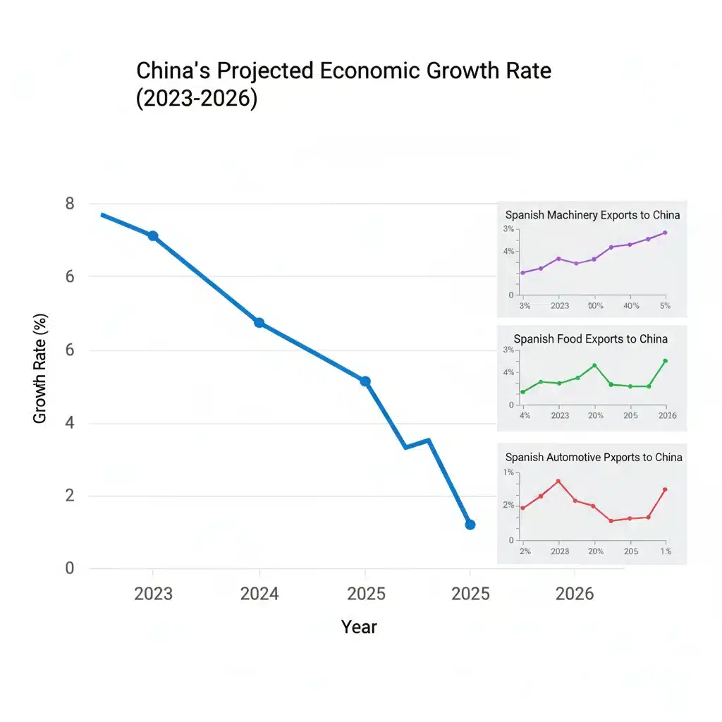 Gráfico de proyecciones de crecimiento económico de China y su relación con sectores de exportación españoles.