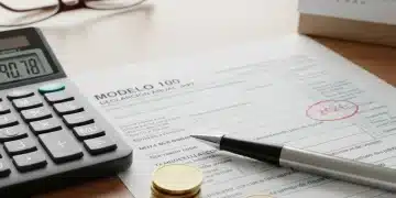 Formulario de declaración de impuestos español con un bolígrafo y un calendario marcando 2026, simbolizando la reforma fiscal.