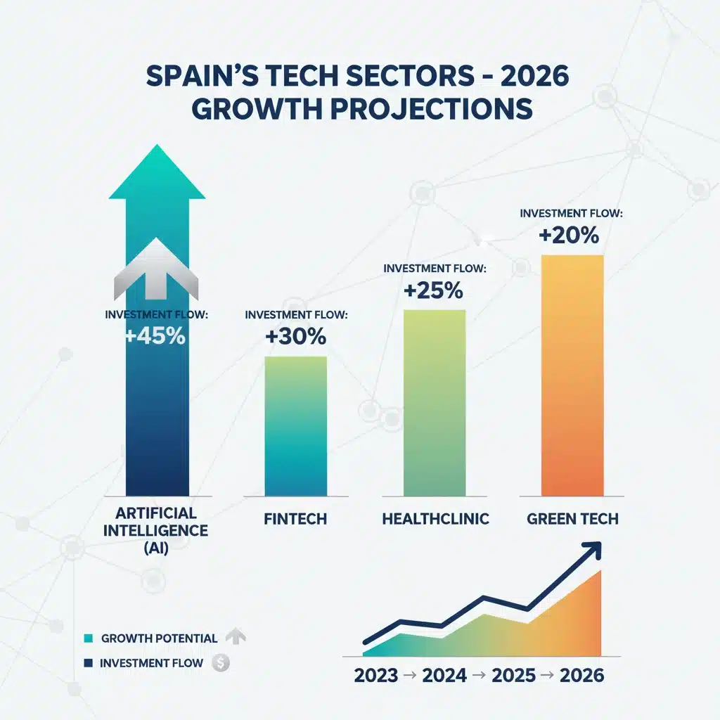 Infografía de sectores tecnológicos clave en España para inversión en startups 2026.