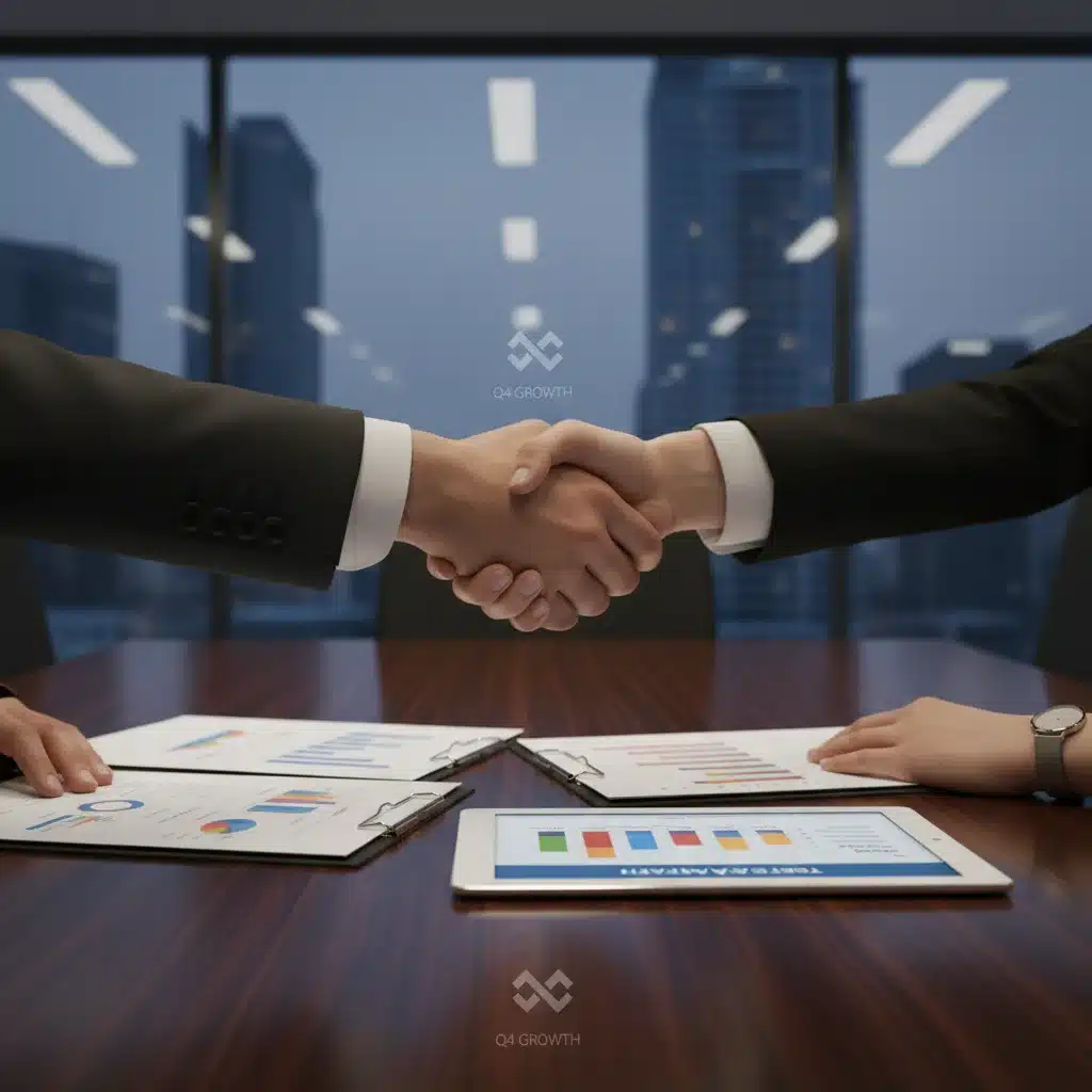 Manos estrechándose en una negociación de capital privado o venture capital, representando acuerdos de inversión estratégicos.