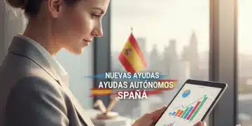 Mujer autónoma sonriente analizando datos financieros, simbolizando las nuevas ayudas fiscales para autónomos en España 2026.