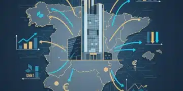 Edificio del Banco Central Europeo con gráficos financieros y mapa de España, simbolizando el impacto de las políticas monetarias del BCE en la economía española.