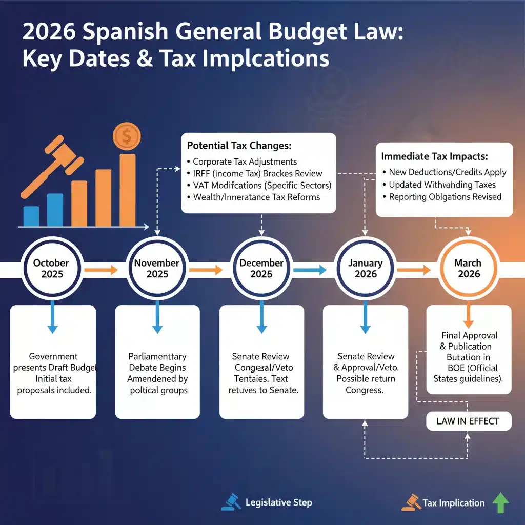 Infografía con calendario de cambios fiscales y la nueva Ley de Presupuestos 2026.