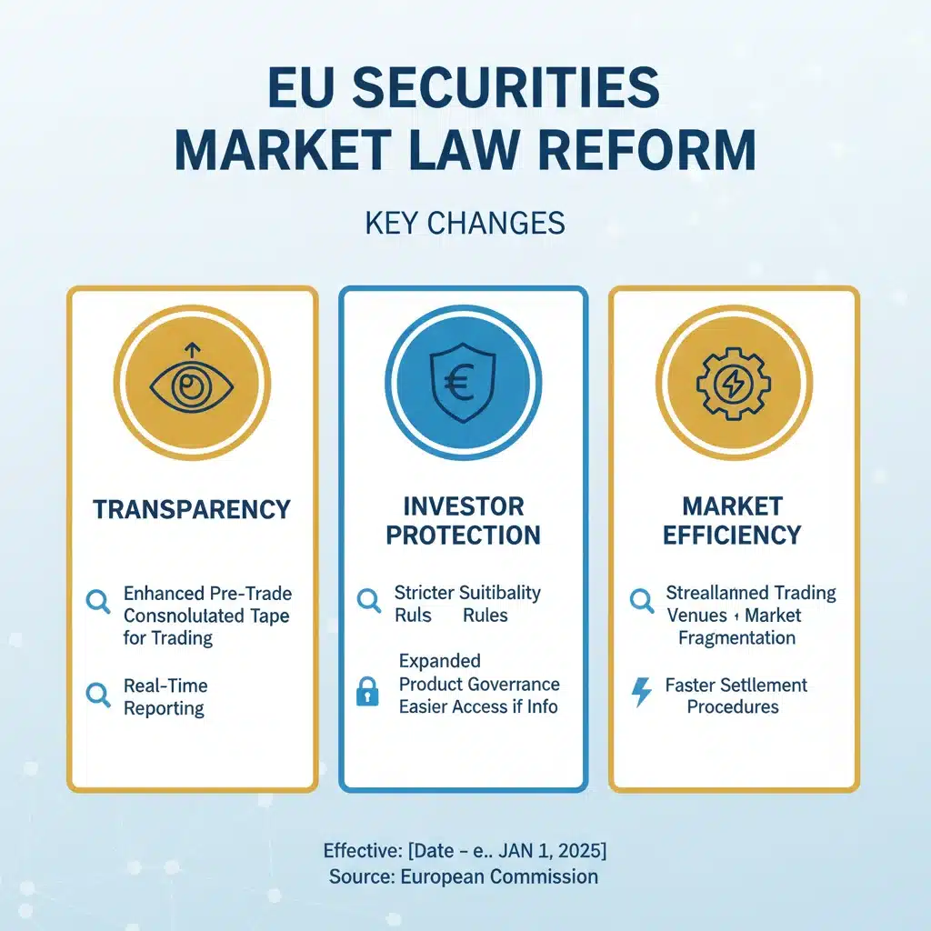 Infografía detallada de los cambios clave en la nueva Ley de Mercado de Valores de la UE, destacando transparencia y protección al inversor.