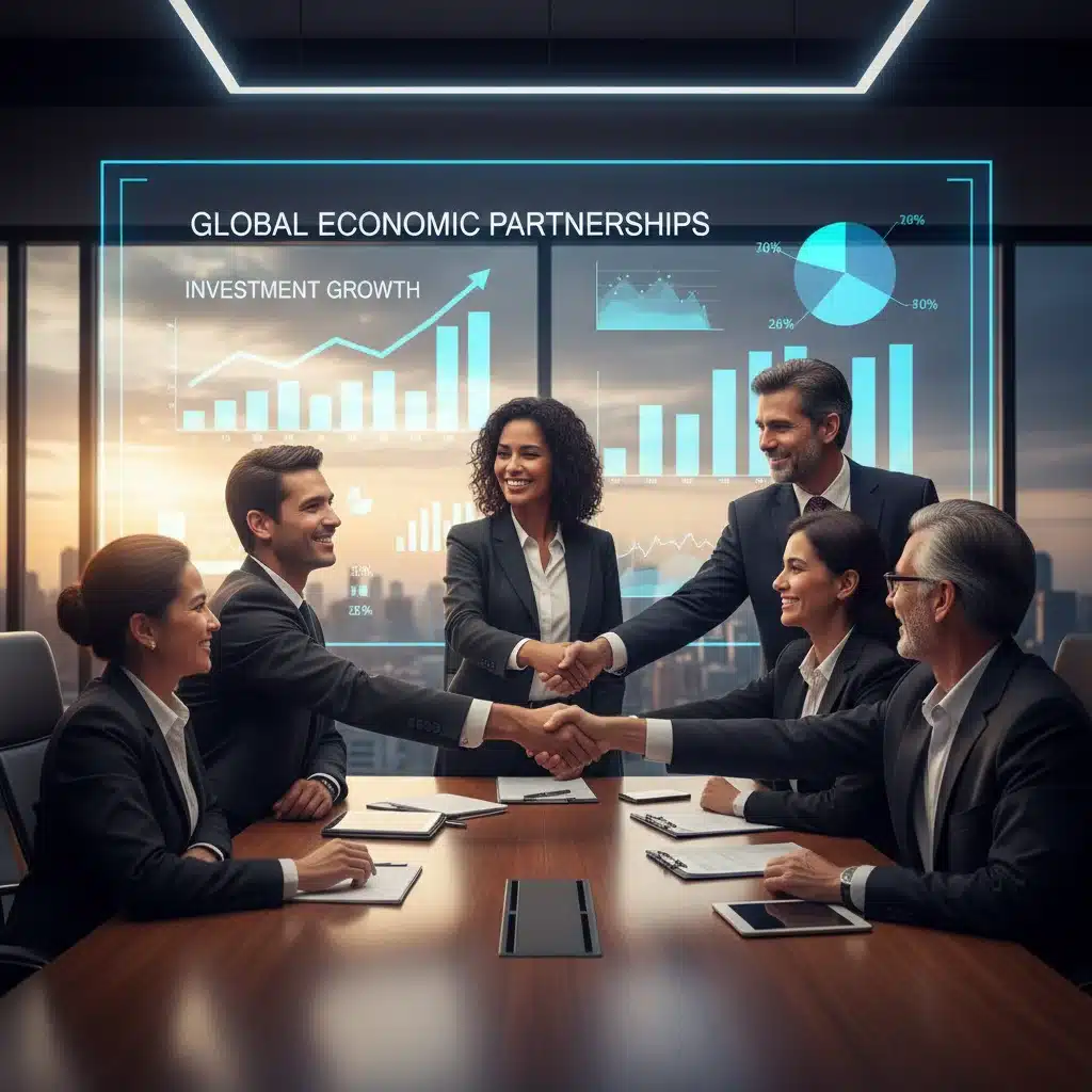 Empresarios españoles y de mercados emergentes cerrando un acuerdo de inversión, reflejando colaboración internacional.