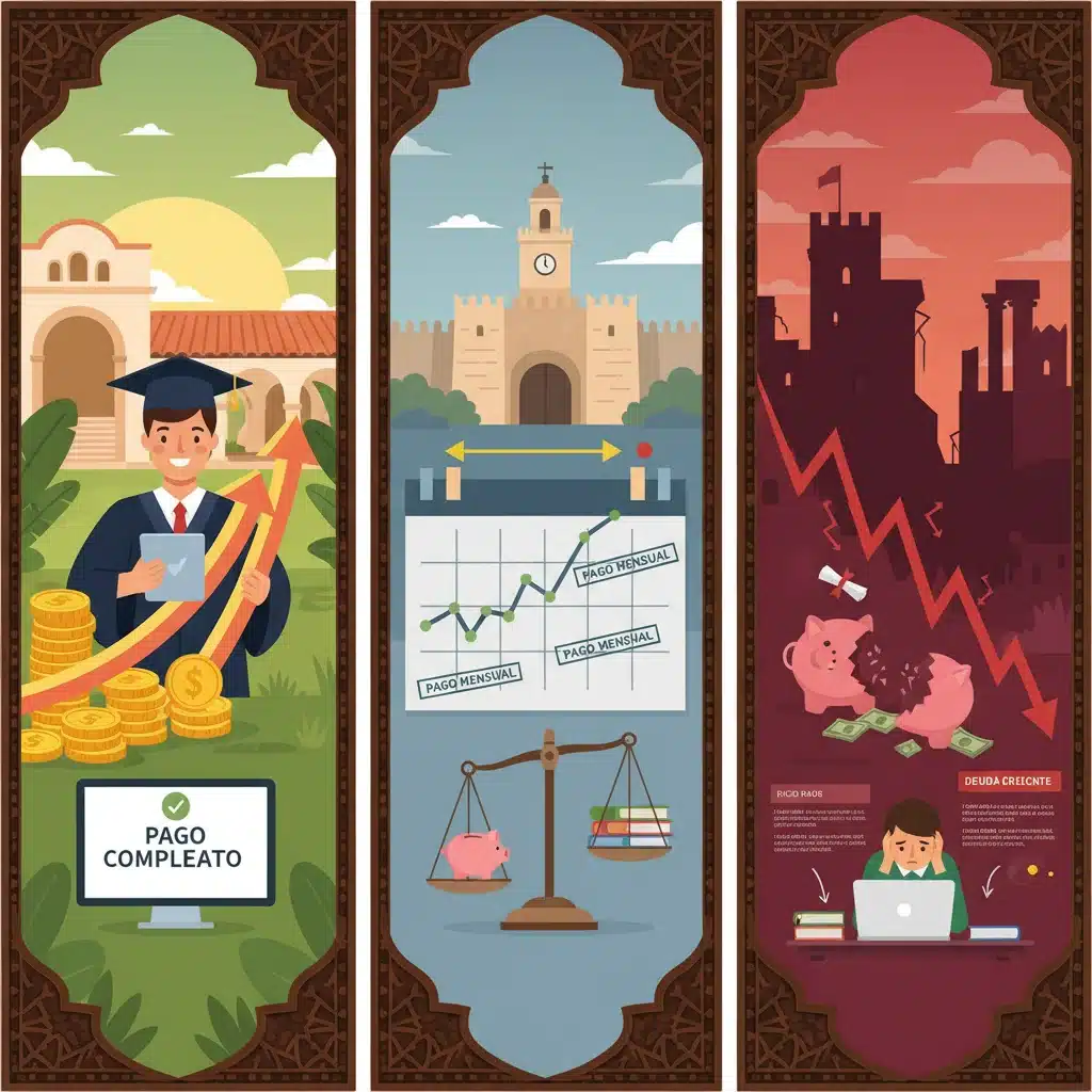 Representación visual de tres escenarios económicos para préstamos estudiantiles en España.