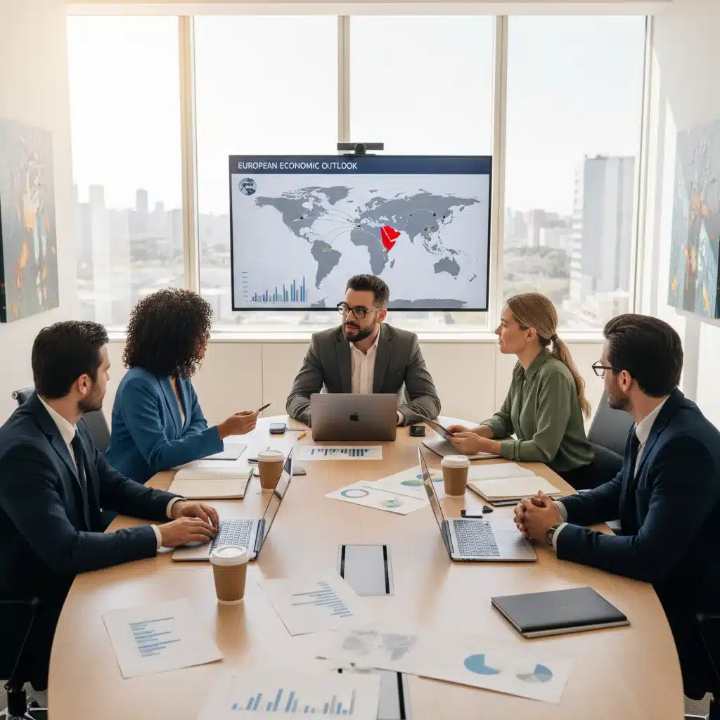 Profesionales de negocios europeos colaborando en una mesa, simbolizando estrategia y adaptación a cambios económicos.