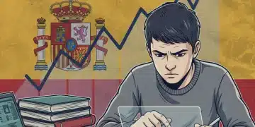 Estudiante preocupado analizando gráficos financieros sobre tipos de interés en España para préstamos estudiantiles.