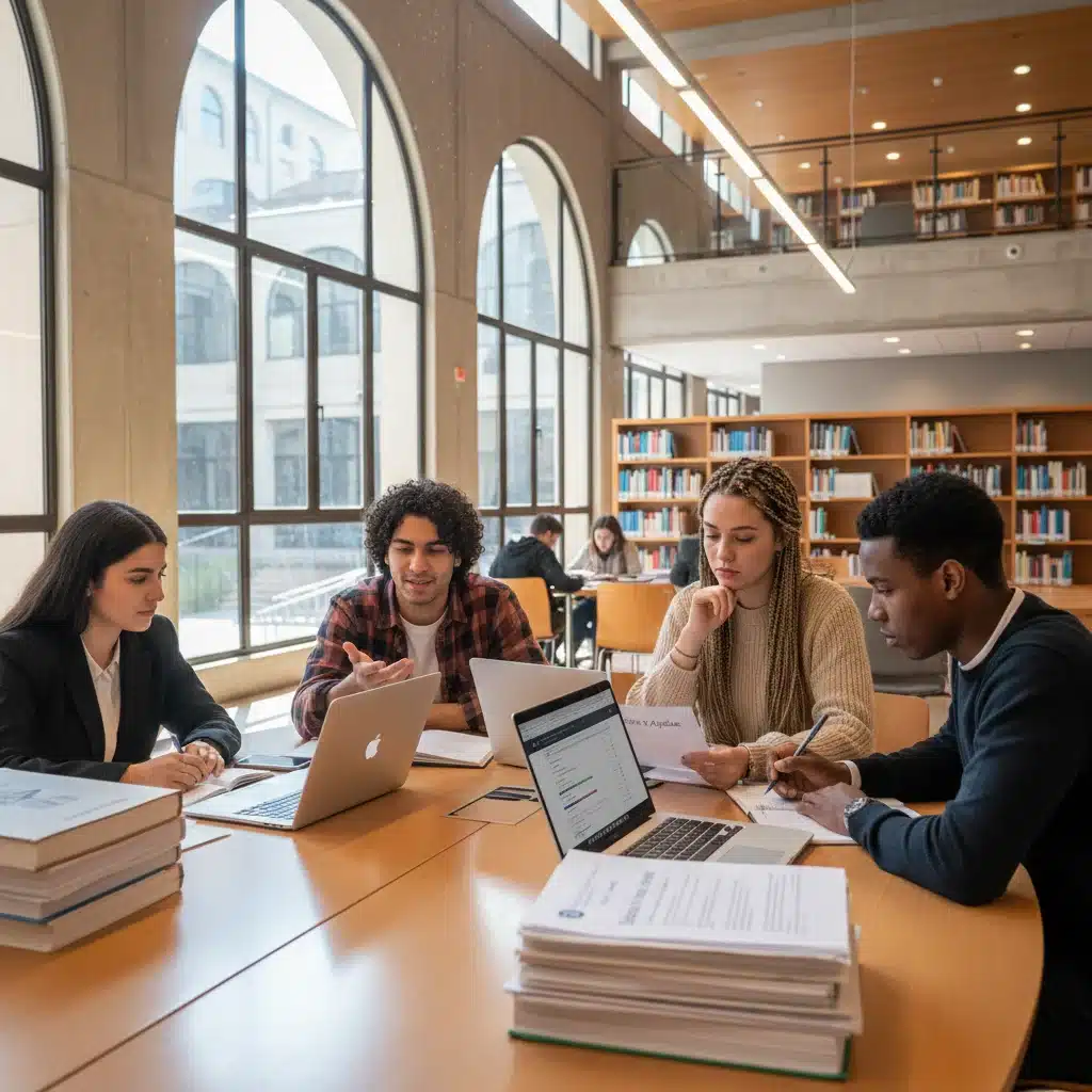 Estudiantes españoles colaborando en estrategias para gestionar sus préstamos universitarios.