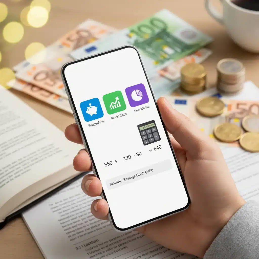 Mano utilizando aplicaciones financieras y calculadora para gestionar el presupuesto estudiantil.