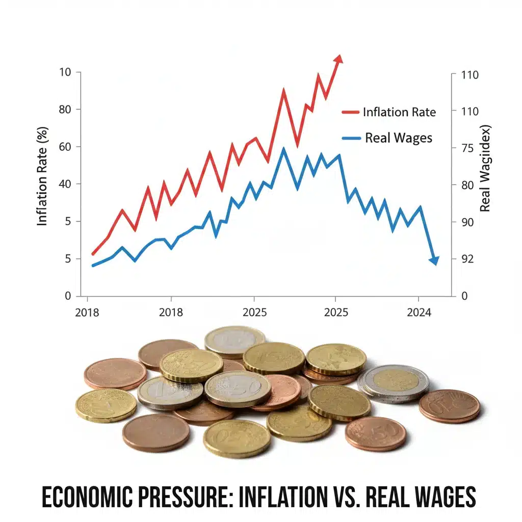 Gráfico de inflación creciente y salarios reales decrecientes con monedas de euro.