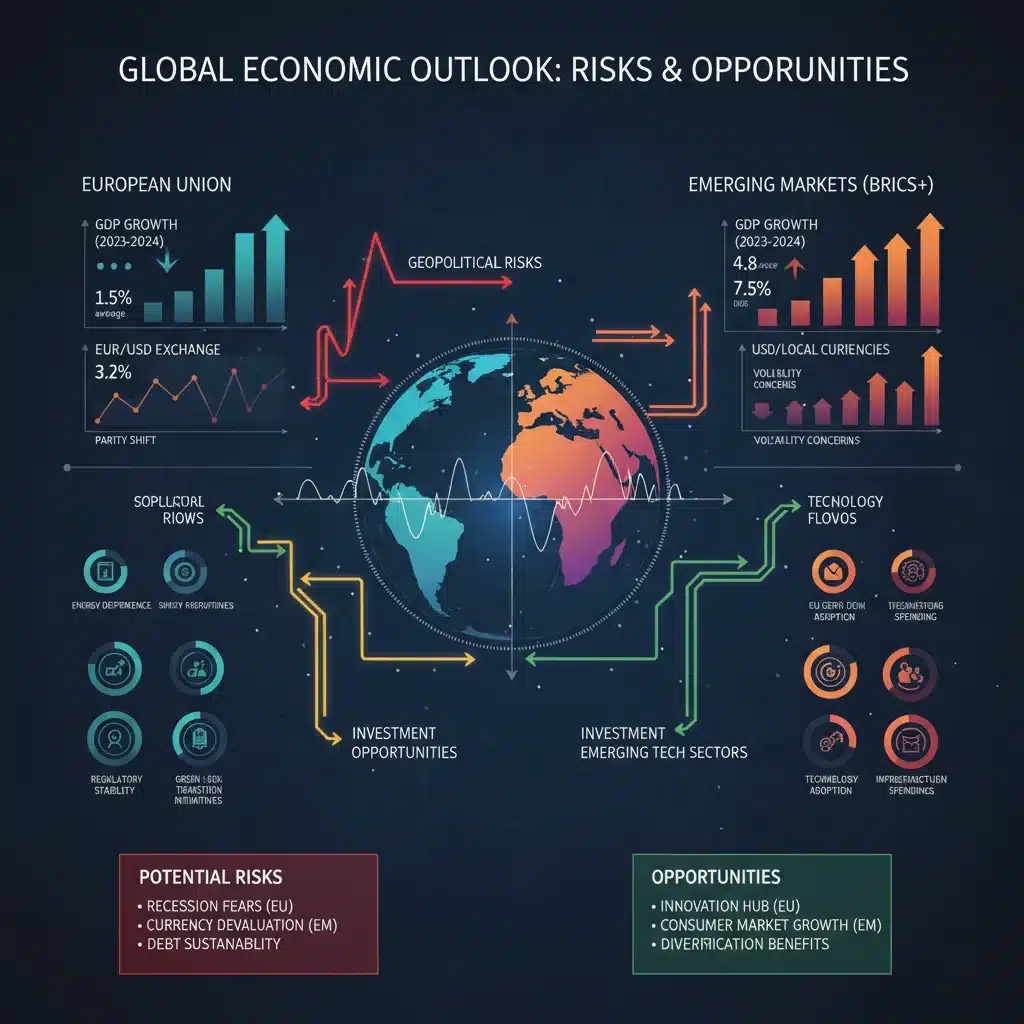 Infografía detallada de indicadores económicos comparando el PIB de la UE y mercados emergentes, destacando riesgos y oportunidades.