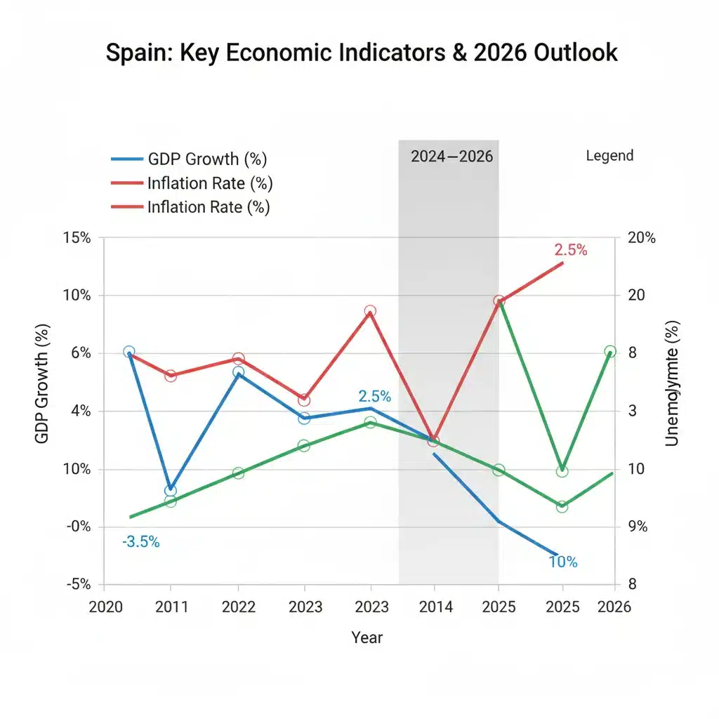 Gráfico de indicadores económicos españoles: PIB, inflación y empleo para 2026.