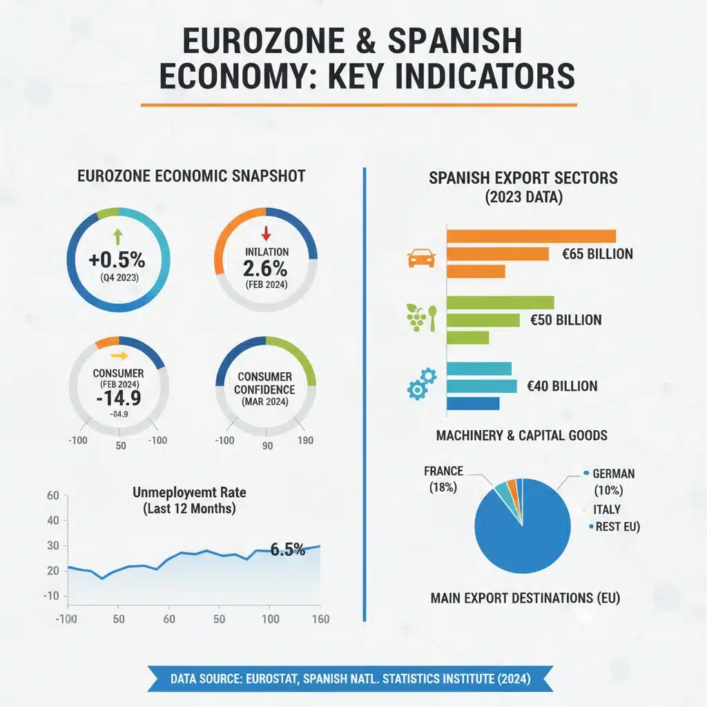 Infografía con indicadores económicos clave de la Eurozona y datos de exportación españoles por sector.