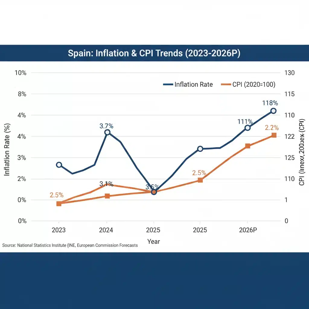 Gráfico de tendencias de inflación en España, mostrando la evolución del IPC y proyecciones hasta 2026, reflejando la estabilidad de precios.