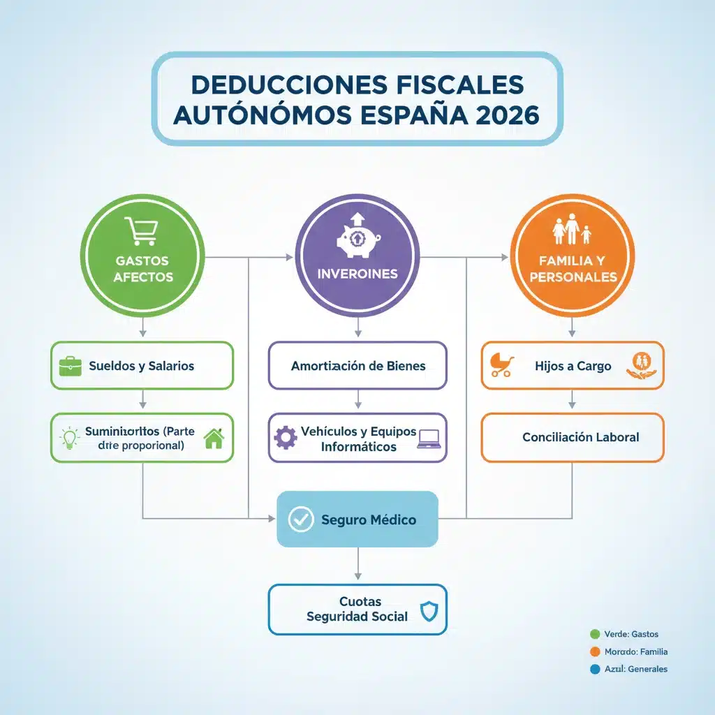 Infografía detallada sobre las principales deducciones fiscales para autónomos en España.
