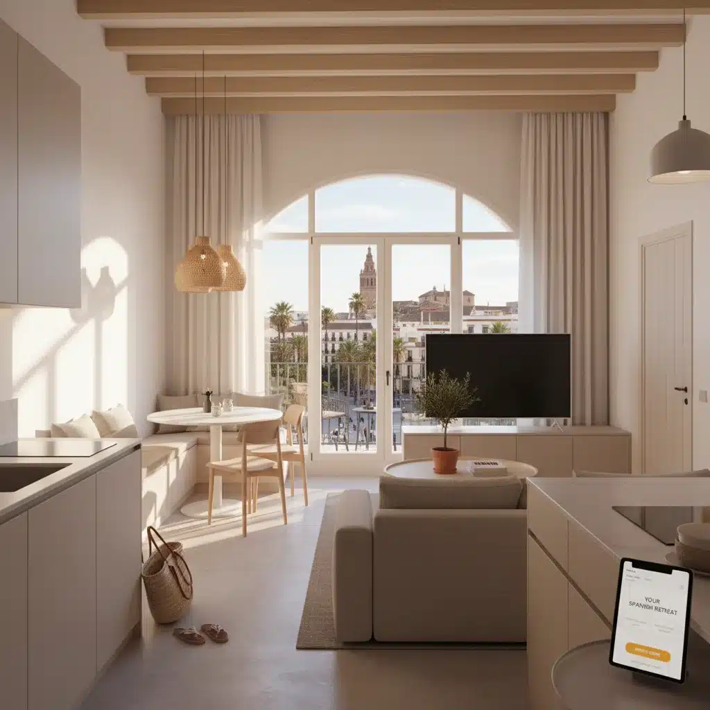 Interior moderno de apartamento de alquiler vacacional de lujo en ciudad española.