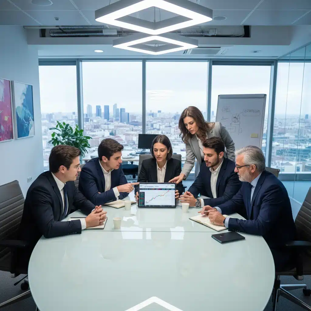 Grupo de inversores analizando datos financieros en una tablet, discutiendo estrategias de inversión en acciones españolas.
