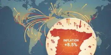 Mapa global mostrando flujos económicos y lupa sobre España, simbolizando el análisis del impacto de la inflación.