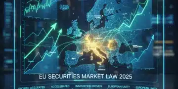 Mercado de valores europeo con gráficos ascendentes y mapa de España resaltado, representando la nueva Ley de Mercado de Valores de la UE.