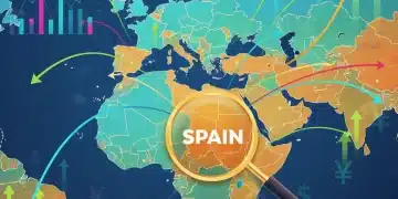 Mapa digital mostrando conexiones de inversión entre Europa (España) y mercados emergentes, simbolizando crecimiento económico.