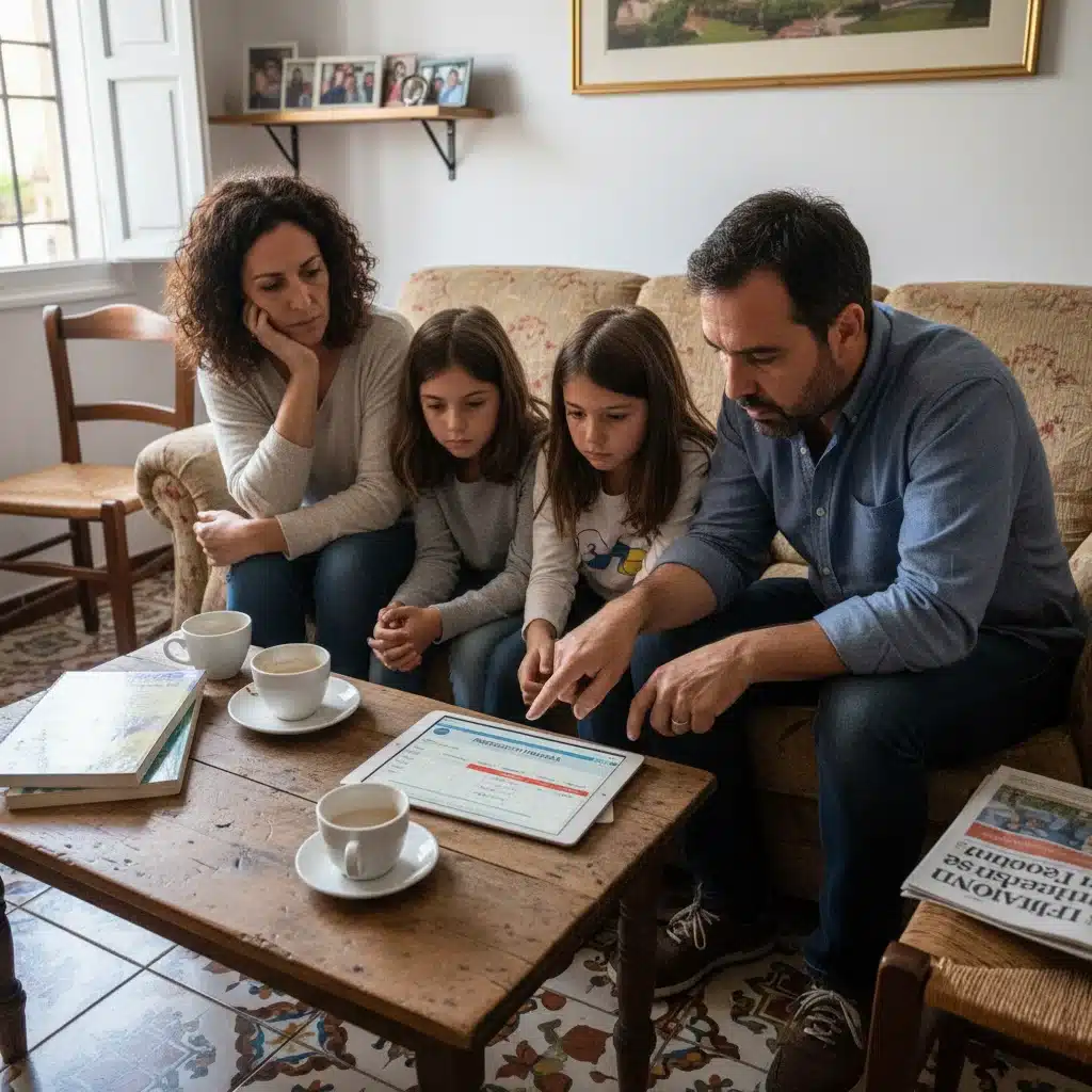 Familia española revisando su presupuesto en una tablet, representando el impacto de las políticas económicas en el poder adquisitivo y los gastos del hogar.