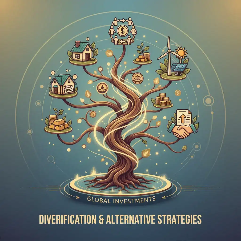 Ilustración de un portafolio de inversión diversificado con activos alternativos como bienes raíces, crowdlending y energías renovables.