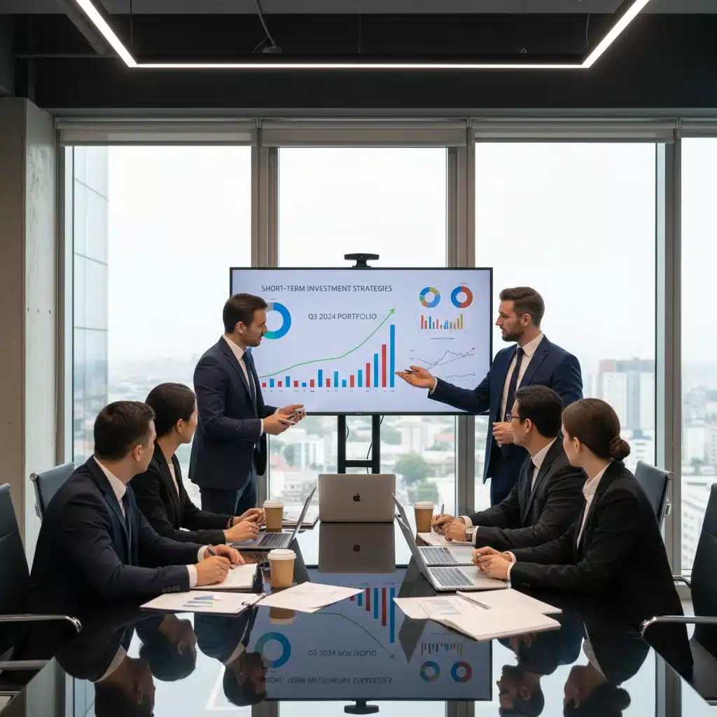 Profesionales discutiendo gráficos financieros en una pantalla grande, simbolizando análisis de estrategias de inversión a corto plazo.