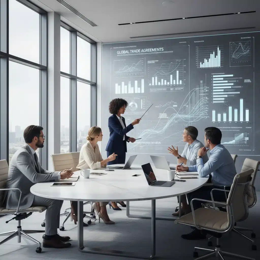 Profesionales de negocios analizando gráficos de comercio internacional y estrategias de adaptación a nuevas políticas comerciales de la UE.