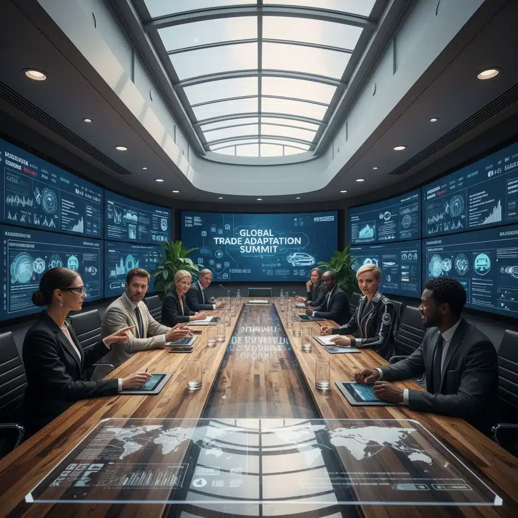 Empresarios españoles discutiendo estrategias comerciales frente a los nuevos acuerdos de la UE.