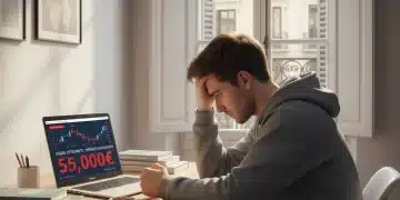 Estudiante preocupado frente a gráficos financieros sobre deuda estudiantil en España