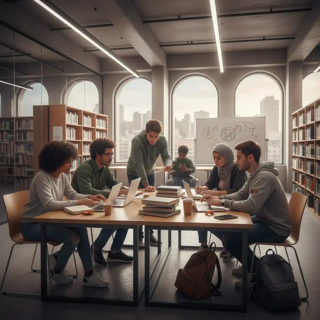 Estudiantes españoles colaborando en una biblioteca, representando el acceso a la educación.