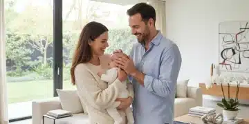 Familia feliz con bebé, simbolizando las deducciones por maternidad y paternidad en España.