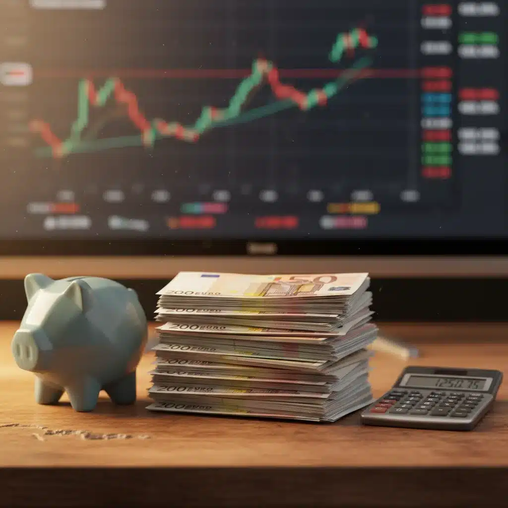 Billetes de euro apilados junto a una hucha y una calculadora, con un fondo de pantalla de trading digital, representando la gestión de capital y beneficios.