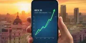 Gráfico financiero en un smartphone mostrando crecimiento con el horizonte de Madrid al atardecer, representando inversiones a corto plazo en España.