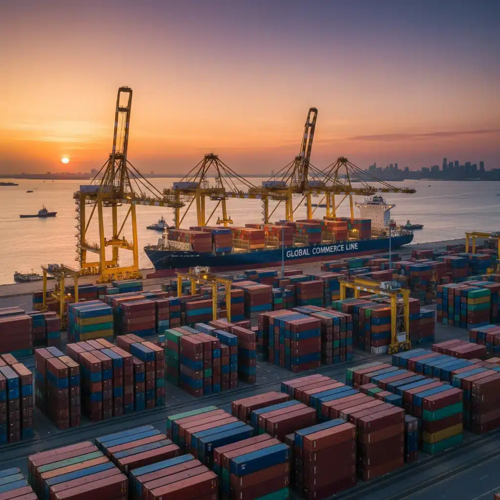 Puerto de carga con contenedores y grúas al atardecer, simbolizando la logística y el comercio internacional afectado por las políticas de la UE.