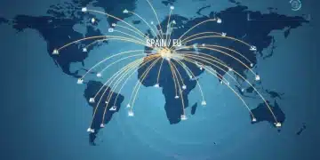 Mapa global con rutas comerciales de la UE y España en 2026, destacando el comercio internacional.