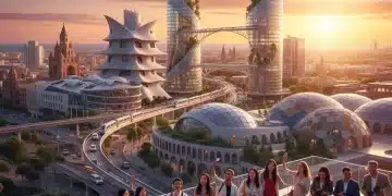Skyline de ciudad española al atardecer, con turistas internacionales disfrutando de la vista, simbolizando el futuro del turismo.