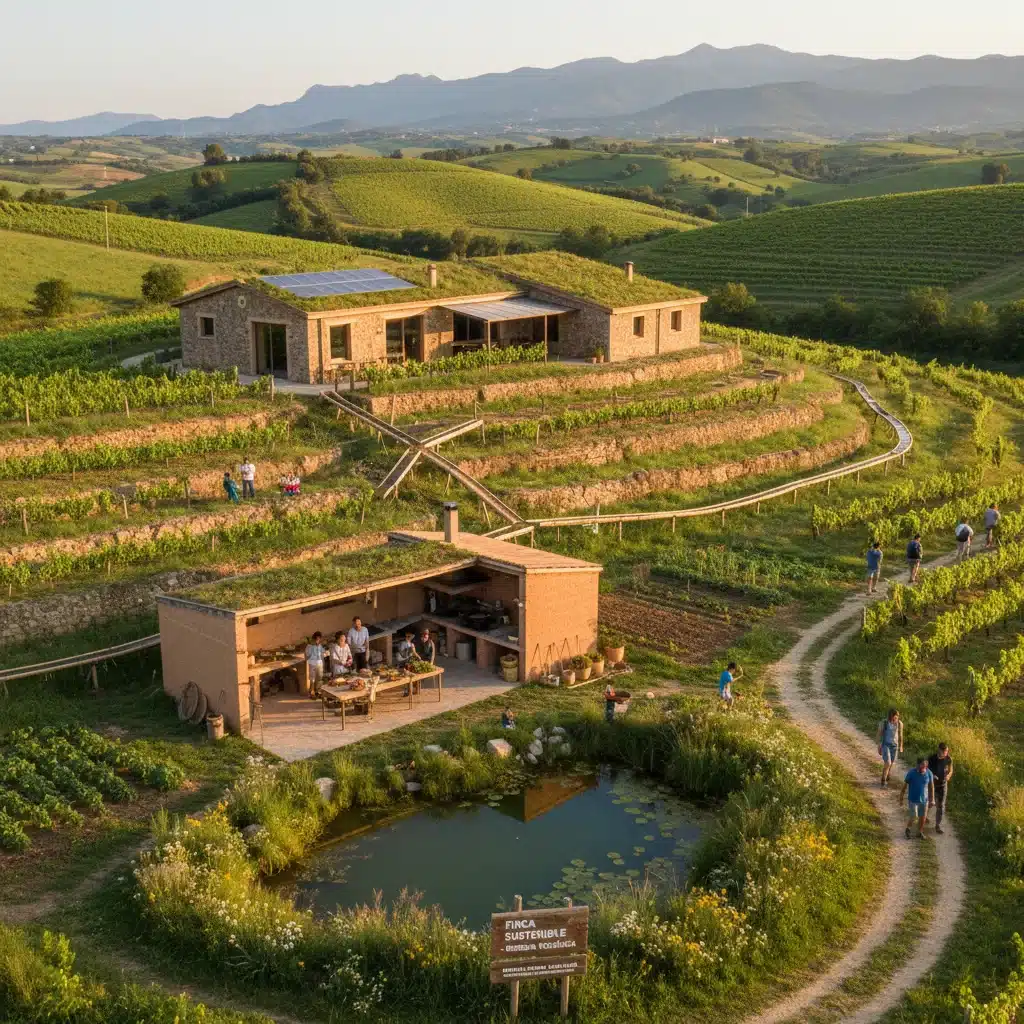Vista escénica de una iniciativa de turismo sostenible en una zona rural española, con prácticas ecológicas.