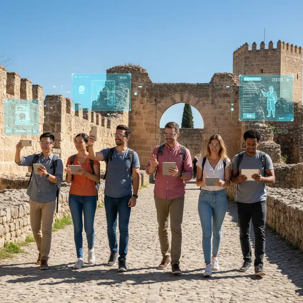 Viajeros diversos utilizando tecnología y realidad aumentada para explorar un sitio histórico español.